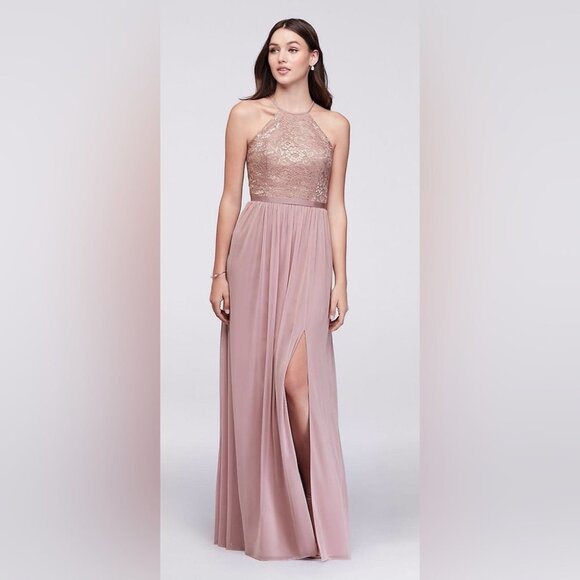 NWT David’s Bridal Rose  Gold Metallic Empire Mesh Maxi Bridesmaids Dress size 4 - Picture 3 of 16